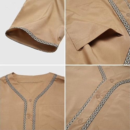 Ctreela Men's Half Sleeve Thobe Muslim Kaftan Dubai Long Gown Saudi Arab Thobe Ramadan Islamic Robes for Casual Summer Beach - color: Khaki, size: Large