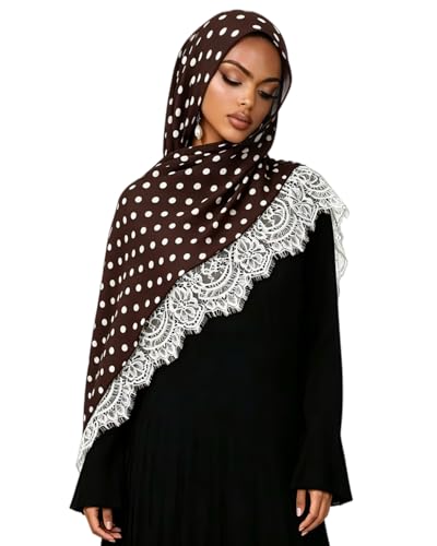 JUMISEE Elegant Floral Lace Hijab Scarf for Women Soft Cotton Head Wrap Instant Hijab Long Scarves Evening Dress Shawl - color: Coffee Polka Dot