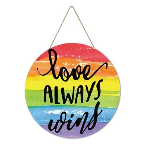 Smile Pride Month Love Always Wins Round Wooden Door Sign Rainbow Indoor & Outdoor Decorative Plaque LGBTQ+ Home, Porch & Patio Decor Gay Pride - style: Rainbow LGBT