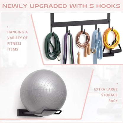 Geelin Yoga Mat and Ball Holder Wall Mount, 4-Tier Yoga Mat & Ball Storage Rack, Home Gym Organizer, Black Metal Floating Shelf for Hanging Foam Rollers & Resistance Bands (5 Hooks Style,Black) - color: Black