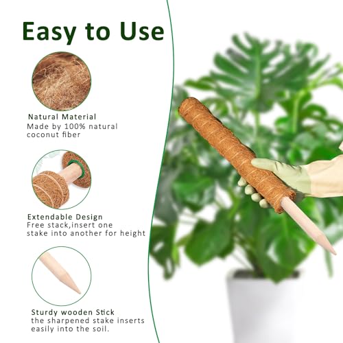 Moss Pole, 4 Pack 17Inch Monstera Plant Support for Climbing Plants Accessories Indoor -Stackable Moss Poles Plant Support Stakes -Coir Plant Pole Sticks for Potted Plants -Pothos, Tall Plant Trellis - size: 4pcs x 17 Inches