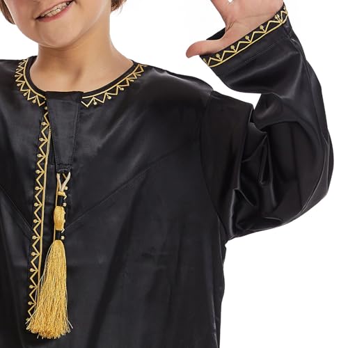 Boys Muslim Clothing Kids Prayer Outfits Long Sleeve Eid Dresses Embroidered Thobe Solid Color Crewneck Arabic Abaya - color: Black, size: 5-6X