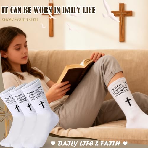 3 Pair Christian Socks Prayer Garter Bible Verse Birthday Gift for Dad, Mom, Husband, Son, Easter, Christmas - color: Proverbs 3:5 - White