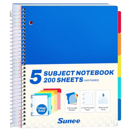 SUNEE 5 Subject Notebook College Ruled - 400 Pages, 9"x11", 5 Pocket Colored Dividers, 3-Hole Punched Paper, Blue - color: Blue, style: College Ruled