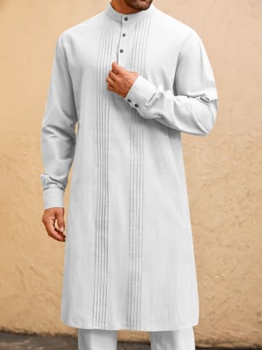 Runcati Mens Kaftan Robe Button Down Long Sleeve Cotton Linen Thobe Casual Muslim Gown Henley Shirt - color: White, size: Medium