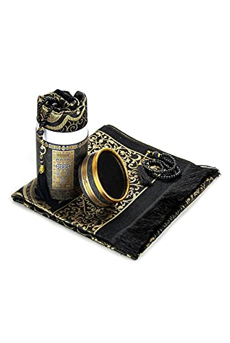 ihvan online Muslim Prayer Rug and Prayer Beads with Elegant Design Cylinder Gift Box, Janamaz, Soft Sajadah, Islamic Gifts Set, Portable Prayers Carpet Mat, Taffeta Fabric, Black - color: Black
