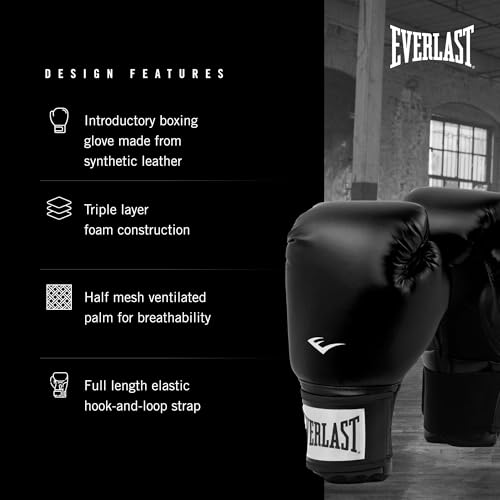Everlast Prostyle 2 Boxing Gloves, Entry Level Training Gloves for Men and Women, Secure Fit Hook and Loop Closure & Ventilation, Heavy Bag & Speedbag Training - color: Black, size: 14 oz