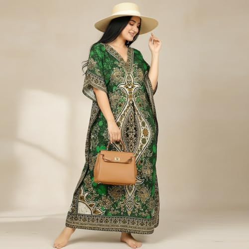 Women's Kaftan Dress – Loose Fit Maxi Gown – Kimono Style Beach Cover Up – Elegant Resort Wear and Nightwear - color: Green
