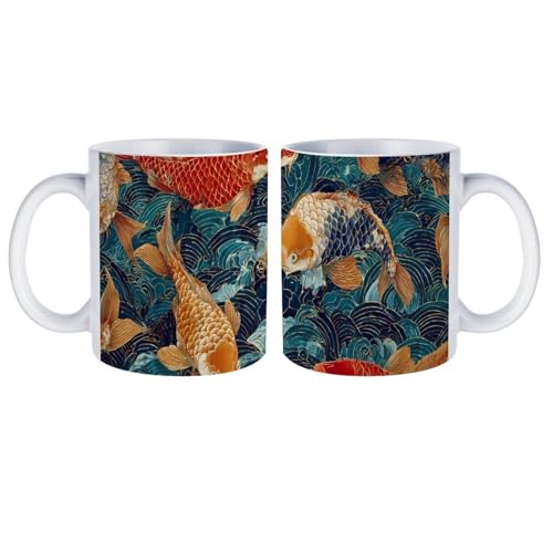 Japanese Fish Swimming Ocean Wave Ceramic Coffee Mug Tea Cup Unique Artistic Drinkware with Handle 12OZ