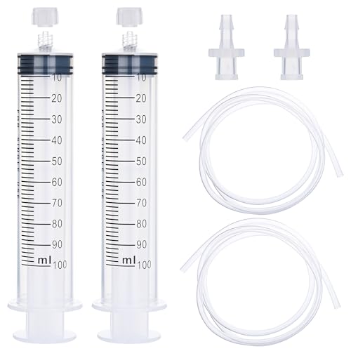 2 Pack 100ml Luer Lock Syringe with 39" Tube and Luer Connectors | 100cc Large Plastic Syringes for Liquid, Oil, Feeding, Watering - size: 100ml