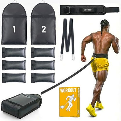 Elite Twin Sand Bag Sled Workout Sled – Waterproof UNFILLED Weight Sled Trainer with 6-Level 10–60 lb Resistance Pull System, Adjustable Waist Strap for Speed, Strength, Endurance & Agility Training