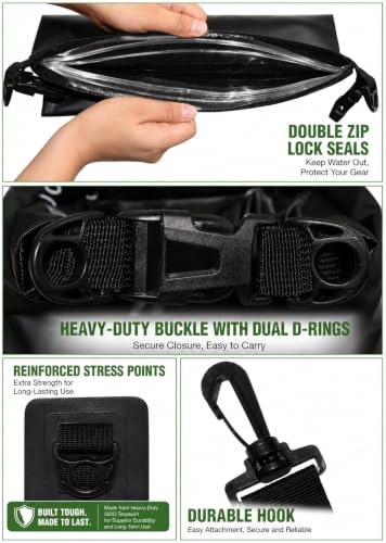 Freegrace Waterproof Dry Bag Set of 3 - Submersible Dry Sack with Double Zip Lock Seals - Includes Waist Pouch & Phone Case - Perfect for Kayaking, Swimming, Boating & Rafting (Black, 5L) - color: Black, size: 5L, style: Without Window