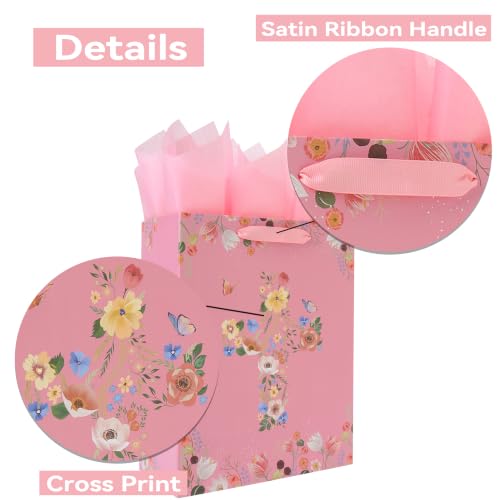 13" Large Floral Religious Gift Bag Set with Handles, Greeting Card, Tissue Papers and Stickers for Women Girls, for First Communions, Baby Girl Baptisms, Christenings, Religious Occasion, Clergy Day, Cross Design, 1 Pcs - color: (13'' Large)Pink