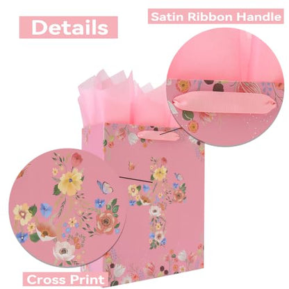 13" Large Floral Religious Gift Bag Set with Handles, Greeting Card, Tissue Papers and Stickers for Women Girls, for First Communions, Baby Girl Baptisms, Christenings, Religious Occasion, Clergy Day, Cross Design, 1 Pcs - color: (13'' Large)Pink