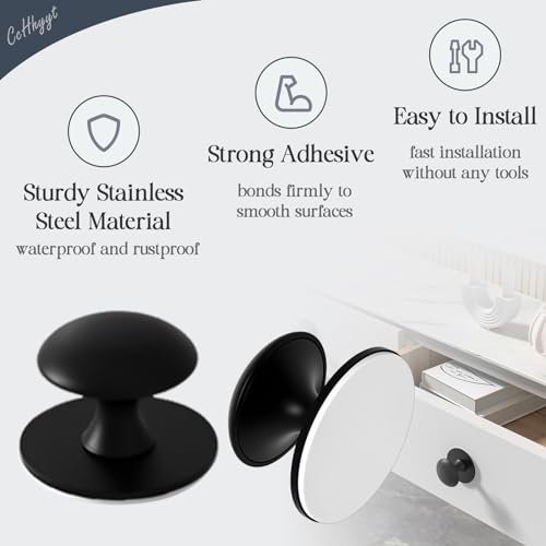 Adhesive Cabinet Knobs 4pcs Black Self-Stick Knobs Drill Free Dresser Drawer Pulls Stainless Steel Stick On Handles for Medicine Cabinets Drawer Cupboards Glass Sliding Door Terrarium Lid - color: Black