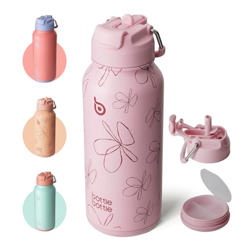 BOTTLE BOTTLE 32oz Insulated Water Bottle with Pill Box | Stainless Steel,Sport Water Bottle, with Straw Dual-use Lid and Pill Box, Design for Gym - color: pink flower