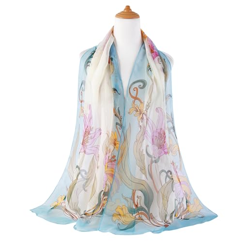 E-Clover Women Soft Floral Print Shawl Chiffon Sheer Scarf - color: Blue Lily