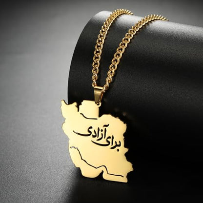 LIKGREAT Iran Map Necklace with Persian Calligraphy Stainless Steel Iranian Cultural Farsi Script Pendant Necklace Patriotic Peace Jewelry - color: 2-gold