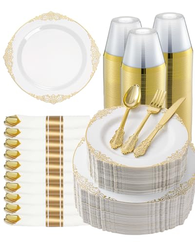 Goodluck 350 Piece Gold Plastic Dinnerware Set for 50 Guests - color: Gold, size: 50 Guests