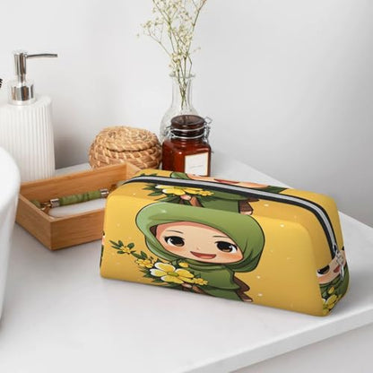Cartoon Muslim Girl print Pencil Bag waterproof Zipper Pencil Case Leather Pen Box Cosmetic Bag For Office Pencil - color: Silver