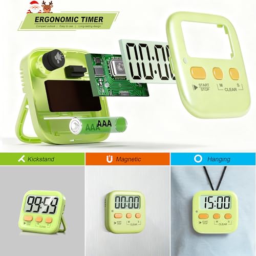 2 Pack Digital Timer for Kids Classroom Kitchen Timers for Cooking | w/ Battery, Easy to View, Alarm, Mute Mode, Count Down/Up, Magnetic, Kickstand, Hanging, Classroom Timer for Teacher Supplies - color: Light Green