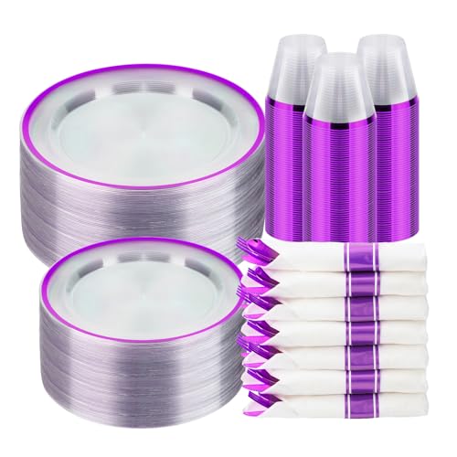 BESTSTAR 350 PCS Clear and Purple Disposable Plates Set for 50 Guests - color: Purple, size: 350 Piece (50 guests)