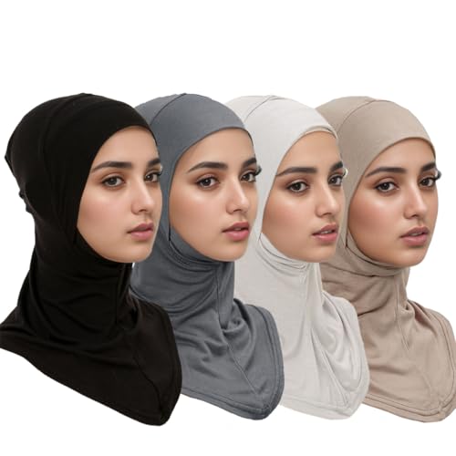 Yeieeo 4PCS Hijab Undercap for Women, No Slip Full Coverage Hijab Inner Cap, Soft Underscarf Breathable Headwear - color: Bk+gy+gy+lkq