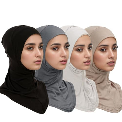 Yeieeo 4PCS Hijab Undercap for Women, No Slip Full Coverage Hijab Inner Cap, Soft Underscarf Breathable Headwear - color: Bk+gy+gy+lkq