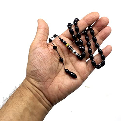 EXCLUSIVE COLLECTION -Handmade Silver Engraved Bakelite Tesbih, Tasbih, Islamic Rosary, Islamic Prayer Beads, Misbaha (7x11 mm 33 Black Rice Beads) - color: 7x11 mm 33 Black Rice Beads
