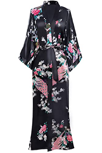BABEYOND Women's Kimono Robe Long Satin Robes with Peacock and Blossoms Printed Kimono Nightgown - color: Black, size: One Size
