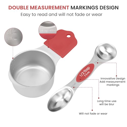 Magnetic Measuring Cups and Spoons Set-Heavy Duty 304 Stainless Steel | Double Measurement Markings,BPA-Free,Set of 16 with Leveler for Measuring Dry and Liquid Ingredients(Red) - color: Red