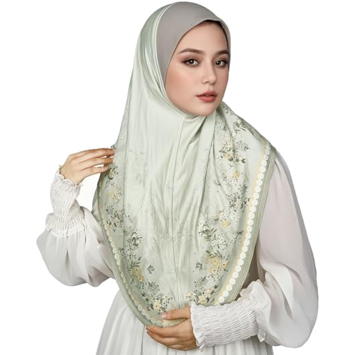 Ready To Wear Instant Hijab 여아용 무슬림 슬립온 키마르 꽃무늬 히잡 스카프 여성용 히잡 이슬람 아바야 터번 - color: 페일 제이드 5#