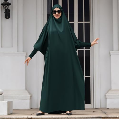 IDOPIP Muslim Abaya for Women One Piece Long Sleeve Islamic Prayer Dress with Hooded Hijab Maxi Kaftan Robe Modest Clothes - color: Blackish Green