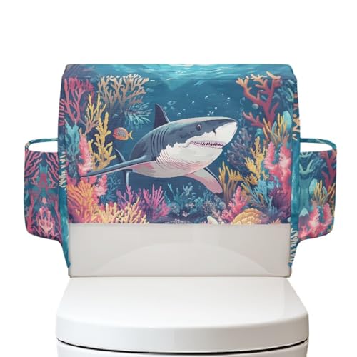 Shark Bathroom Storage Toilet Tank Cover with Extra Storage Bag Toilet Top Cover Home Indoor Bathroom Decor for Holds Toiletrie Books Mobile Phone - color: Shark