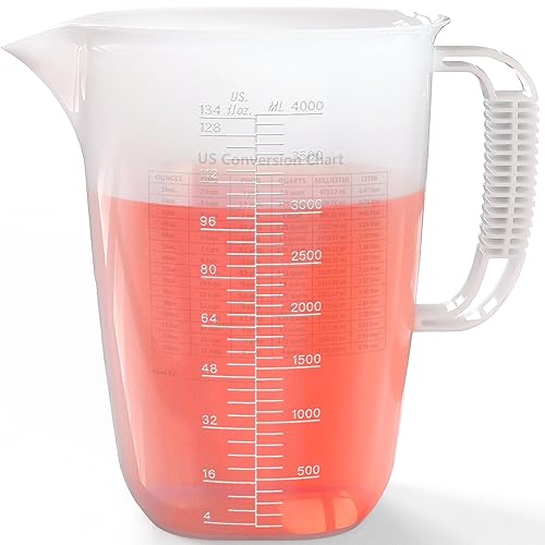 1 Gallon Measuring Pitcher, 134oz Extra Large Measure Pitcher-Convenient Conversion Chart-Strong Handle, Heat Resistant Plastic 1 Gallon Measuring Container for Pool Chemicals,Motor Oil, Lawn and Cook - color: 134Oz/4L/009