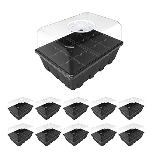 Gardzen 10 Pack Seed Starting Tray, Plant Germination Trays, Seed Starter Kit with Adjustable Humidity Vented Dome, Plant Growing Kit 6.6" x 4.5", Total 120-Cell, Black | Plant Germination Kit with Humidity Control Dome, 6.6"x4.5" Growing Trays for Seedli