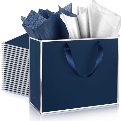 ReliThick 12 Pack Paper Gift Bag with Handles & Tissue, Navy Blue, Silver - color: Navy Blue, Silver