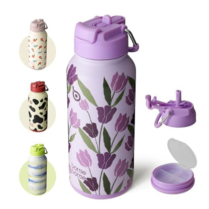 BOTTLE BOTTLE 32oz Insulated Water Bottle with Pill Box | Stainless Steel,Sport Water Bottle, with Straw Dual-use Lid and Pill Box, Design for Gym - color: purple tulips