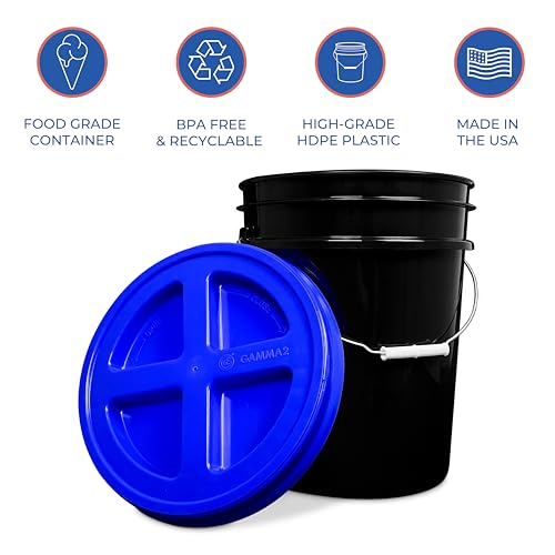 5 Gallon Bucket - Food Grade w/Lid BPA-Free, Black/Blue, 3 | Airtight Gamma Seal Screw-On Lid, Heavy-Duty 90 Mil HDPE Plastic, Food Safe and Durable Container, Bulk Storage, Made in USA - color: Black/Blue, size: 3 Packs