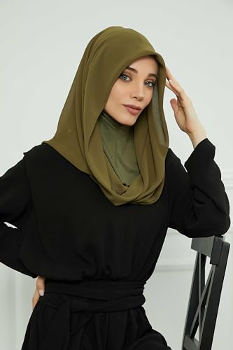 Aisha's Design Pre-tied Cotton-Chiffon Scarf for Women Practical Veil Instant Scarf Hijab Stylish Design - color: Khaki