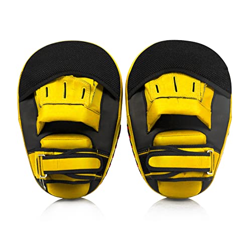 Fairtex FMV13 Maximized Focus Mitts, Muay Thai Kickboxing MMA Punching Pads | Premium Syntek leather shell with multi-layer foam. Curved shape with hook-and-loop wrist strap absorbs trainer strike impact - color: Black/Yellow