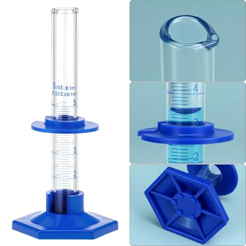 QWORK Thick Glass Graduated Cylinder 5ml Measuring Cylinder, with Plastic Base and Bumper Guards 3.3 Borosilicate Glass Lab Cylinder for Liquid Measurement with Glass Dropper