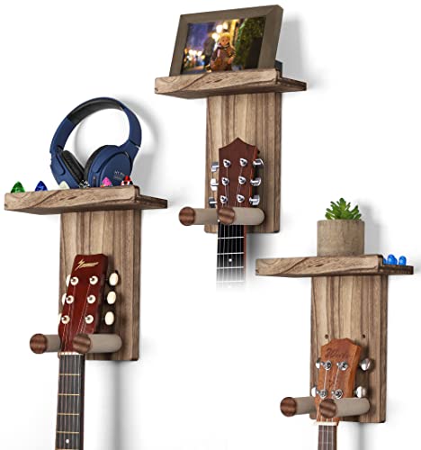 Keebofly 3-Pack Guitar Wall Mount Hangers - Rustic Wood Brown Guitar Stand with Pick Holder - Acoustic, Electric, Ukulele, Bass & Mandolin [Patented] - color: 3 Pack_Rustic Brown