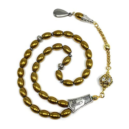 -Gentle Men Collection- Prayer Beads-Worry Beads-Tesbih-Tasbih-Tasbeeh-Misbaha-Masbaha-Subha-Sebha-Rosary (Non-Magnetic Gold Drum Hematite -6x9 mm- 33 Beads) - color: Non-Magnetic Gold Drum Hematite -6x9 mm- 33 Beads