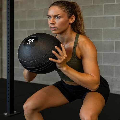 York Barbell 50LB Rubber Slam-Ball – Dead Weight with Textured Surface – Minimal Bounce Absorbs Impact – Pilates Yoga Strength Training Physical Therapy Cardio Exercises for Full Body Workout - Black