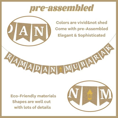 Burlap Ramadan Mubarak Banner - Rustic Ramadan Decorations, Eid Mubarak Party Decor, Muslim Fireplace Mantel Decoration Supplies