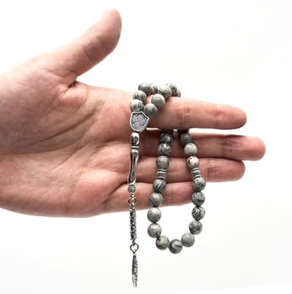 Elegant 8mm Jasper Map Agate Handmade Tasbih – Gemstone Muslim Prayer Beads, Metal Tassel with Special Case | Islamic Gifts for Dhikr, Namaz, Meditation - size: 33 Beads
