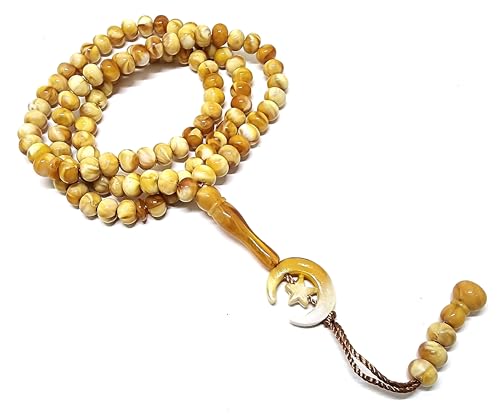 Islam Prayer Tasbih 99 Beads AMN-303 Muslim 8 mm. Rosary Bead Moon Star Decorated Tassels Haj Eid Ramadan Gift (Yellow_2) - color: Yellow_2