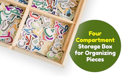 ILM Toolbox Build-A-Word Magnetic Arabic Letter Alphabet Set for Kids, 143 Wooden Arabic Letters in a Wooden Storage Box with Dry Erase Board