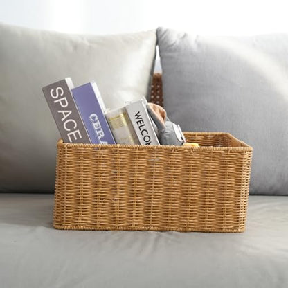 YRMT Rattan Storage Basket Pantry Basket with Built-in Handles Wicker Basket for Organizing Shelves Waterproof Woven Basket Nature (14"x10"x6.3") - size: 14"x10"x6.3"